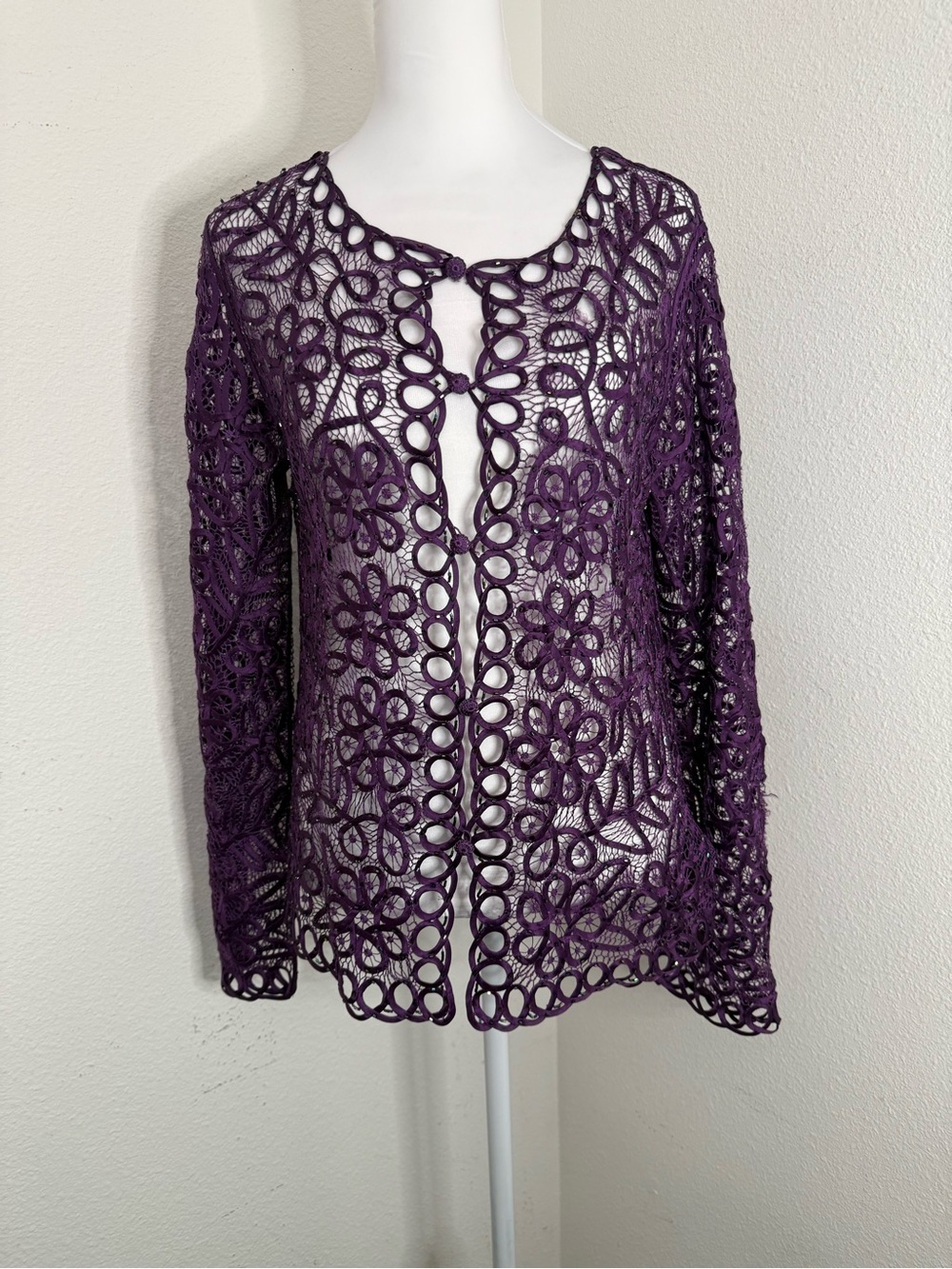 VTG 90s Carole Little Silk Purple Lace Cardigan 4